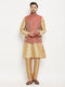 Vastramay Men's Rose Gold Silk Blend Kurta And Pant Style Pyjama With Maroon Woven Nehru Jacket